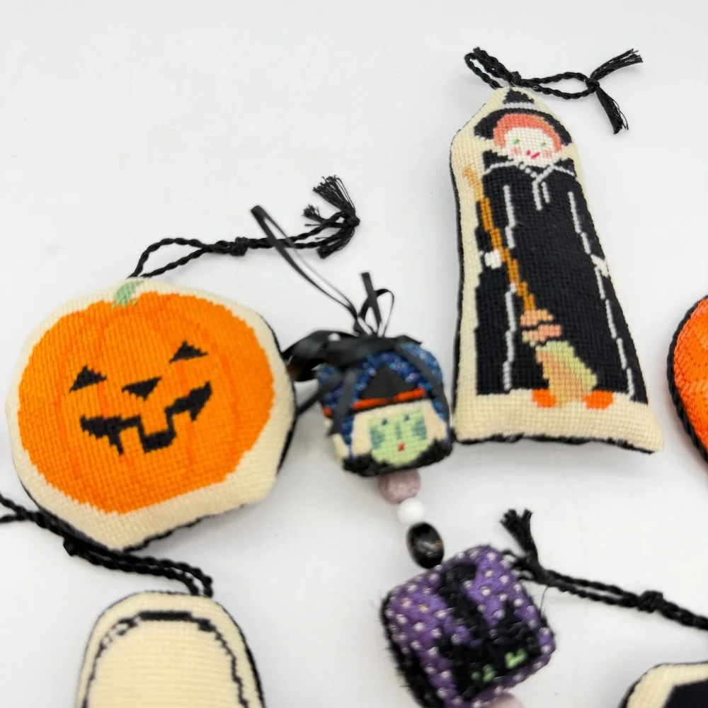 Halloween Needlepoint Ornament Set Witch Pumpkin Bat Ghost 6pc Decor